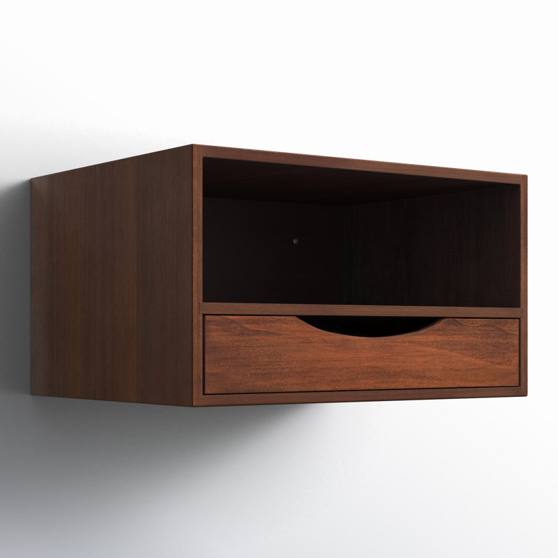 Adeana Poplar Floating Shelf with Drawer, Dark Walnut
