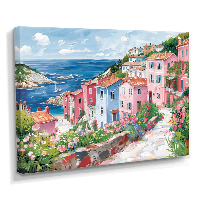 Rose, vert, charmant, Italie, bord de mer, village II - art mural Italie, H 16 po x l 32 po, Toile tendue