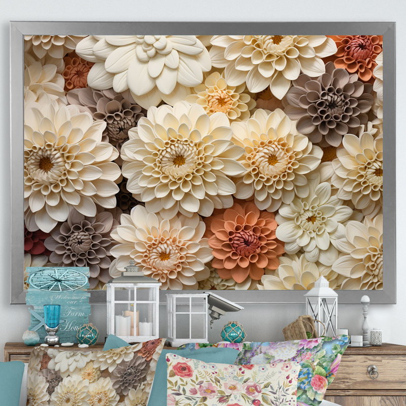 Minimalisme, fleurs de zinnias beiges sur toile, Cadre simple argenté, H 16 po x l 32 po x P 1 po