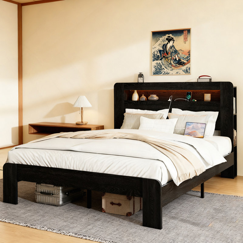 Base de lit plateforme en bois avec rangement, tête de lit à DEL, 2 ports USB, Noir