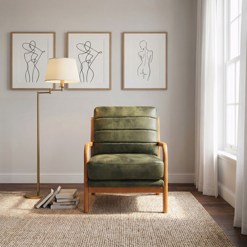 Fauteuil en bois, Tissu vert olive