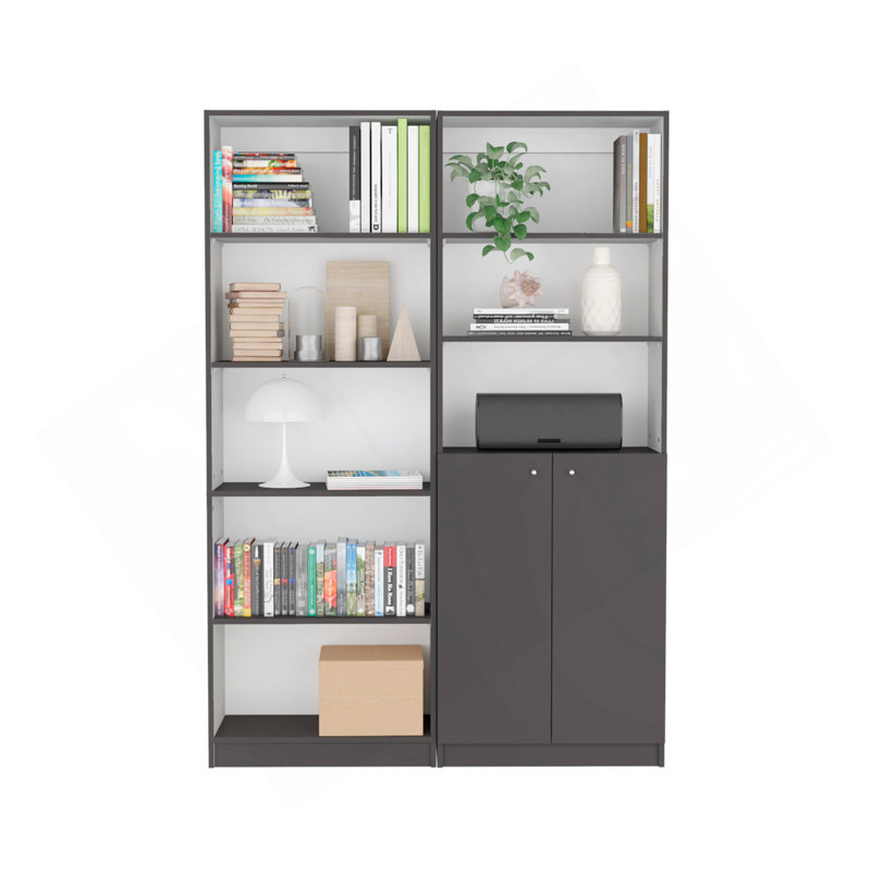 Layton 2 Piece Home Bookcase Set, 49" Wide With 8 Shelves And Double Door Cabinet, Living Room Set Matte Gray - White