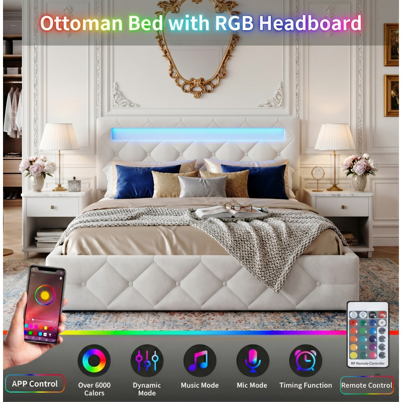 Apricot Velvet Ottoman Bed, RGB LED Headboard With Adjustable Height, European Double (140X200cm) & King (160X200cm) ,