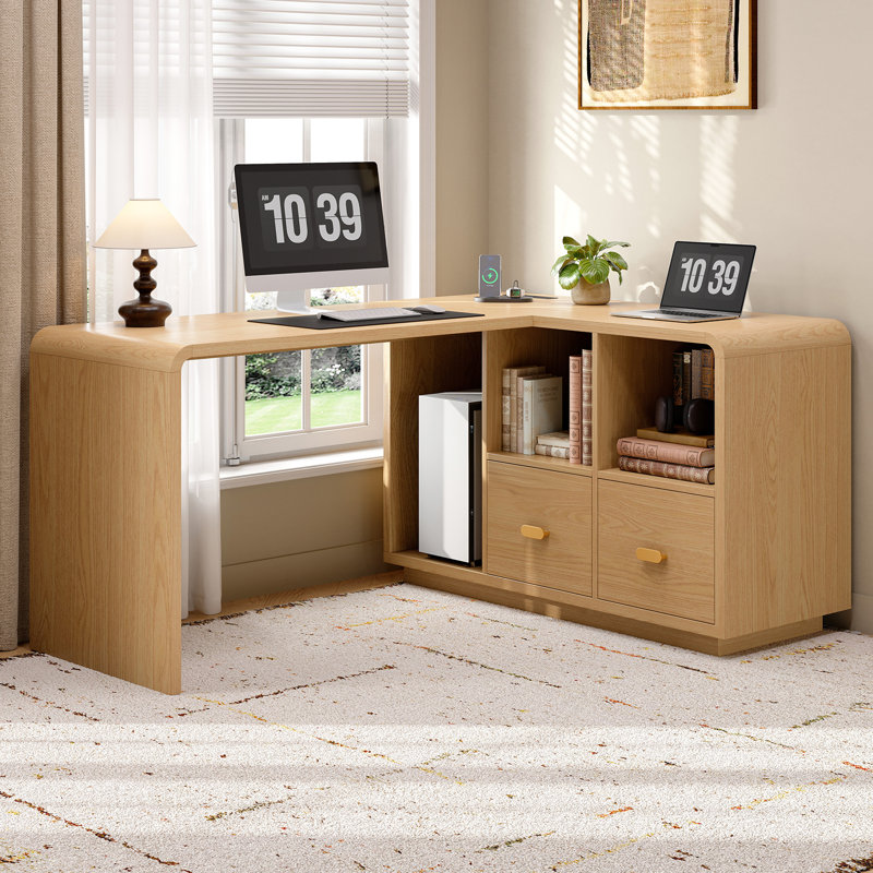 Bureau de direction 58 po en L 58 po, bureau à domicile avec tiroirs classeurs, bureau d'ordinateur avec prises de courant et tablettes de rangement