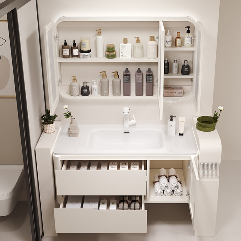 Cream style simple bathroom cabinet., Off White