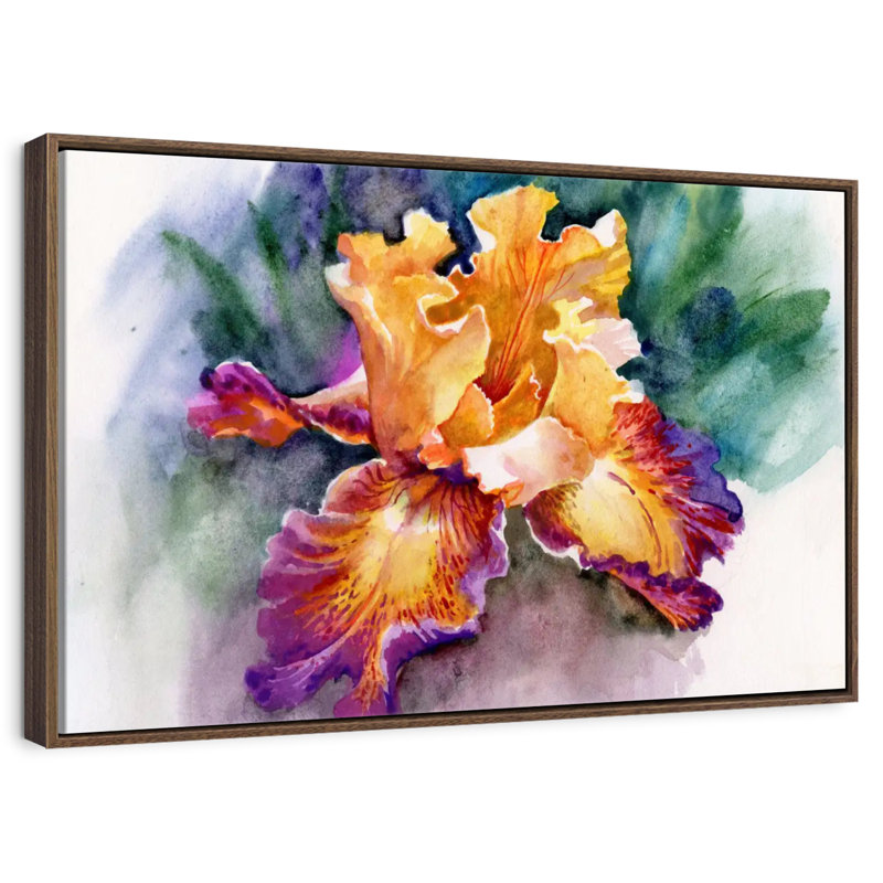 Fleur d'iris jaune, 37 po x 25 po, Cadre flottant en noyer