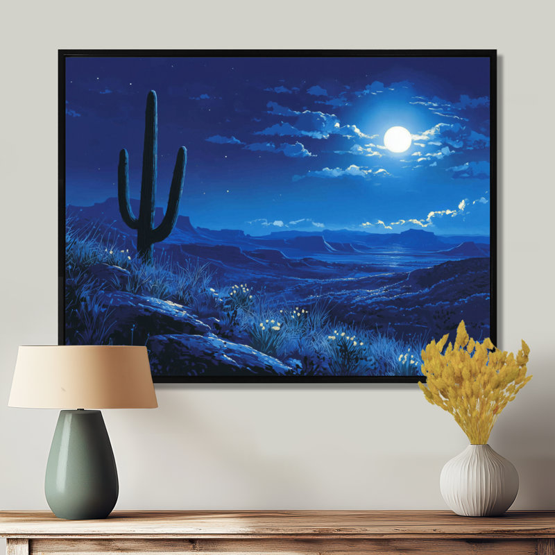 Marecz Saguaro Cactus sous les étoiles I - art mural cactus, H 30 po x l 40 po, Cadre flottant, Noir, noir, noir, noir