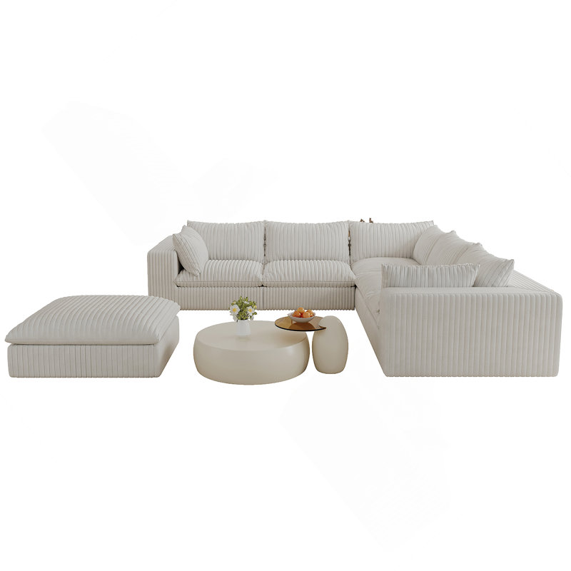 Canapé Cloud, tissu velours côtelé, sièges profonds, conception à deux couches, coussin amovible, Blanc