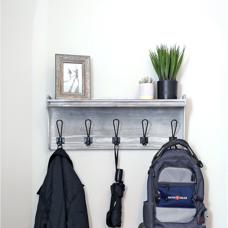Solid Wood Wall 5 - Hook Wall Mounted Coat Rack, Gray