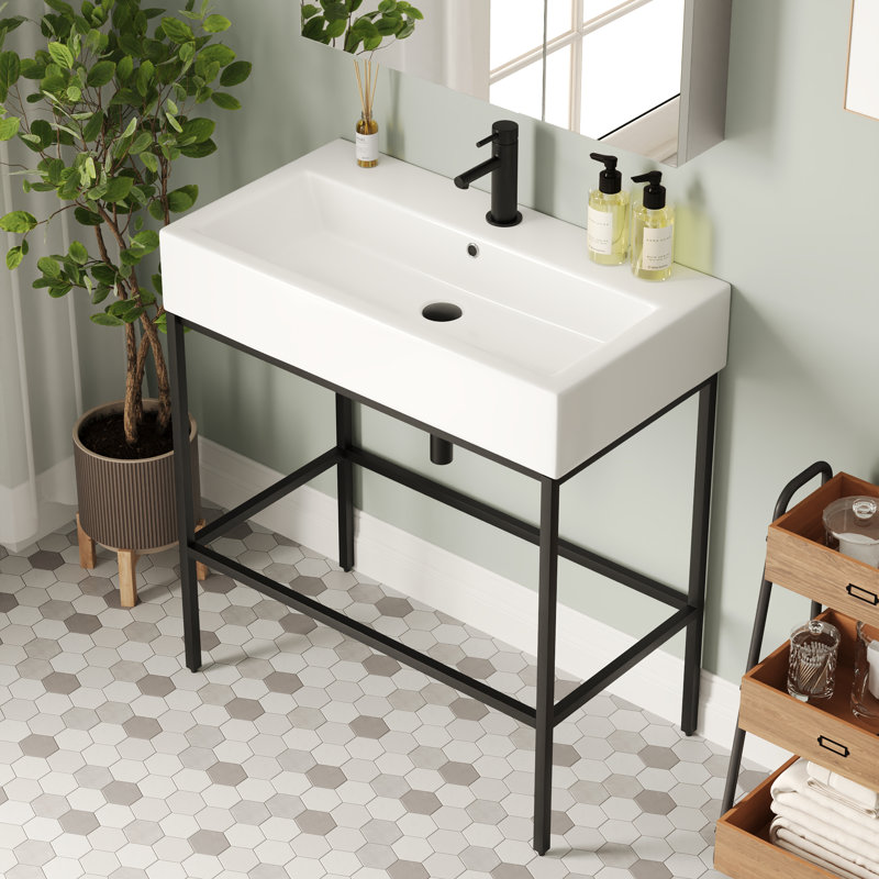 Lavabo de salle de bain console en céramique rectangulaire à trou unique 32 po avec trop-plein, Noir, noir, noir, noir