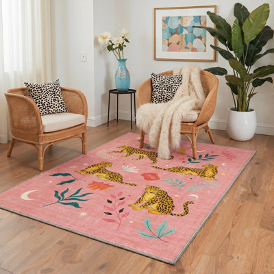 Abraham Spottedia Animal Print Machine Washable Pink / Yellow Indoor Area Rug with Non-Slip Backing
