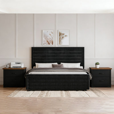 Velvet Platform Bed Frame with Wooden Slats and Rustic Black Nightstand Set with Two Drawers