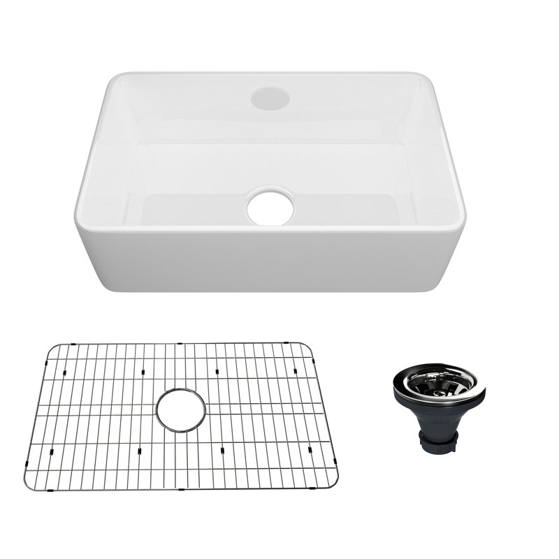 Pure Single Bowl Fireclay Farmhouse Kitchen Sink with Accessories, White, 33''L x 18'' W x 10'' H
