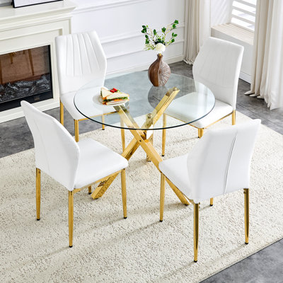 Round Dining Table Set For 4,  Glass Dining Room Table Set, 5-Piece Kitchen Table And Chairs Set, For Living Room, Small Space (Include 4 Chairs)