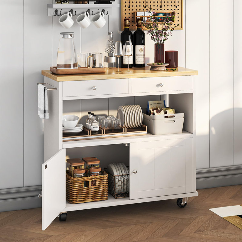 Rolling Kitchen Island With Storage Cabinet, 2 Drawers, Wood Top, Lockable Wheels, And Towel Rack, Portable Mobile Kitchen Cart