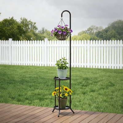 Support pour plante en métal à 2 niveaux avec crochet de suspension, étagère pour plantes d'extérieur robuste, support pour plante en fer antirouille avec supports ronds pour terrasse de jardin en coin