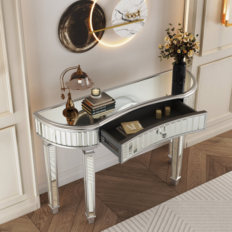 Console de 47 po avec miroir en demi-lune et miroir en verre cannelé
