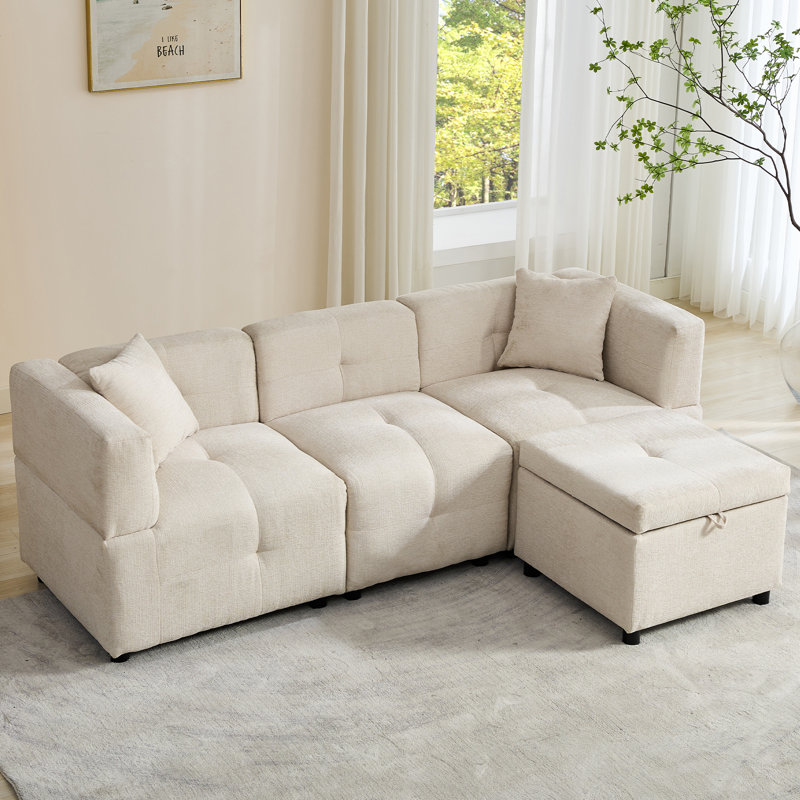 80" L-Shaped Sectional Sofa with Storage Ottoman and Pillows, Modular Couch for Apartment or Office, Beige