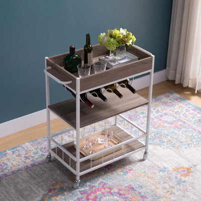 Chariot de cuisine roulant avec rangement à trois niveaux et support à quatre bouteilles de vin