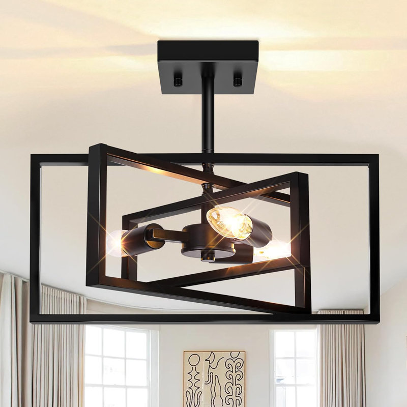 3-Light Farmhouse Semi Flush Mount Ceiling Light Fixture, Rustic Vintage Ceiling Lighting Black Metal, Industrial Ceiling Lamp For Hallway Kitchen Bedroom Dining Room Entryway Foyer