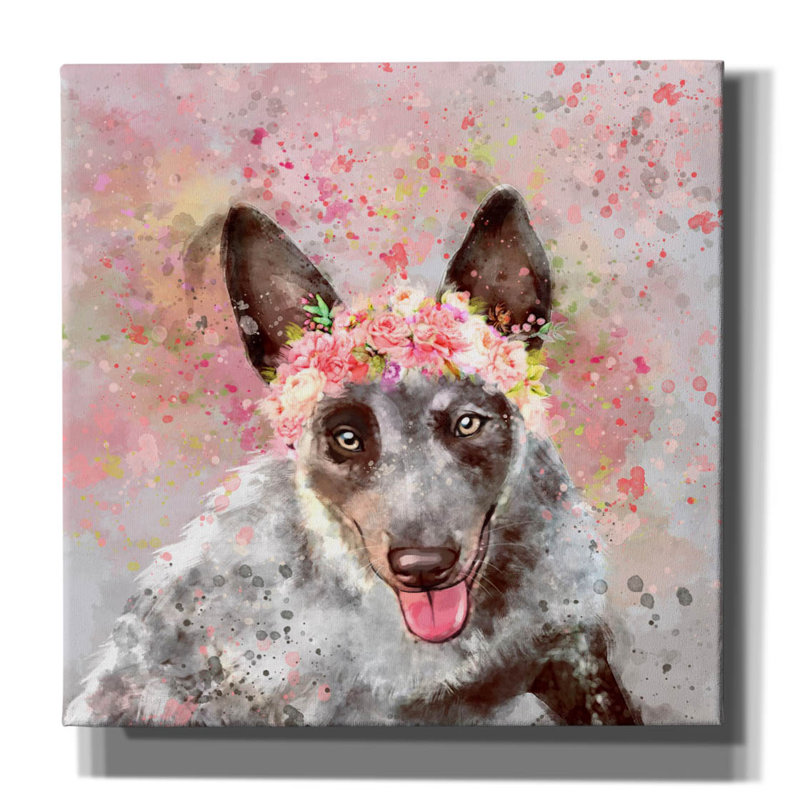 'Flower Crown Australian Cattle Dog 2' by Furbaby Affiliates Canvas Wall Art, 26" H x 26" W x 1.5" D