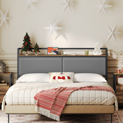 Upholstered Headboard with Charging Station and Open Storage by 17 Stories