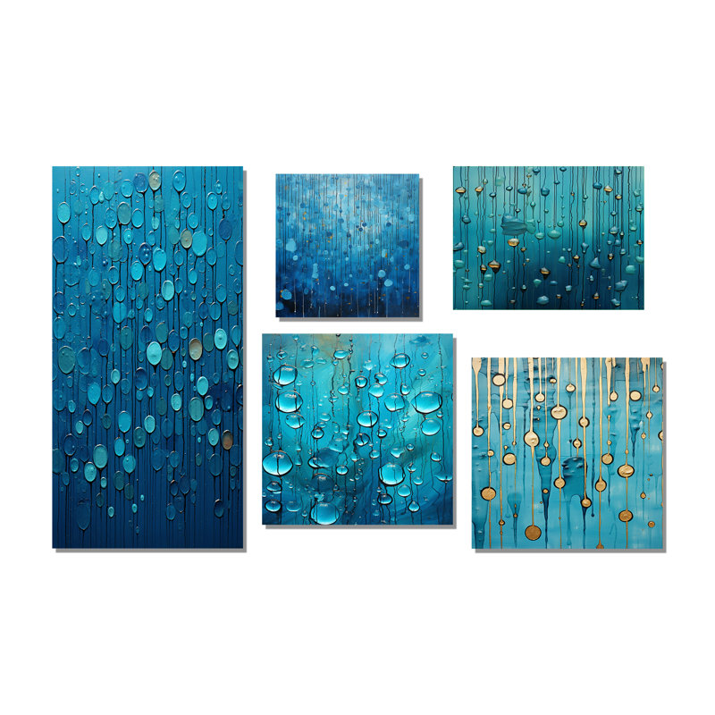 «Abstract Rainy Blue Collage», ensemble de 5 reproductions d'art sur toile, Toile tendue