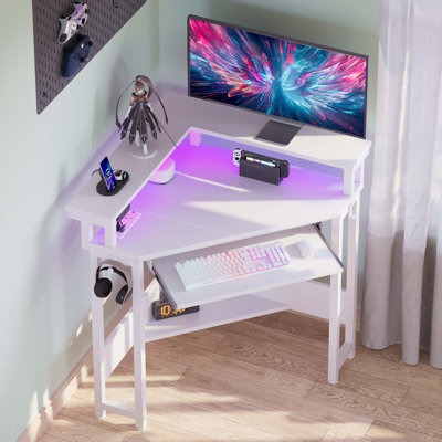 Loferski Corner Desk with Power Outlets & LED Lights, Triangle Corner Desk with Monitor Stand & Keyboard Tray for Small Space