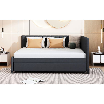 Lit de jour rembourré en lin gris avec lit gigogne portatif, base de lit, lit gigogne double sans sommier en tissu gris, nécessaire pour la durabilité et l'efficacité de l'espace
