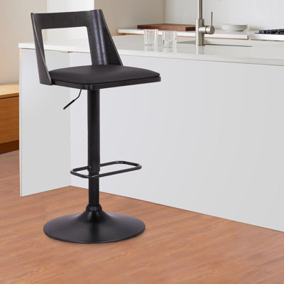 Edmonston Mid-century Swivel Adjustable Height Bar Stool in Faux Leather, Black Wood, and Iron