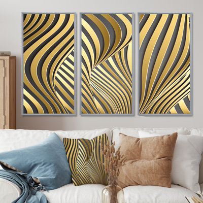 «Wavy Luxury Gold Gradients I», ensemble de 3 reproductions d'art encadrées sur toile