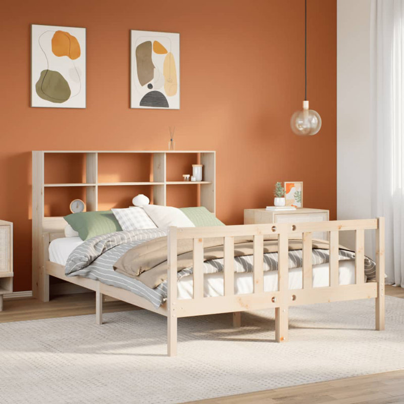 Solid Wood Bed with Shelf, without Mattress, 160 x 200cm, White