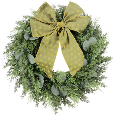 Couronne artificielle de 50 cm avec nœud imprimé vert olive et feuillage d'eucalyptus pour la décoration de la porte d'entrée pendant les fêtes