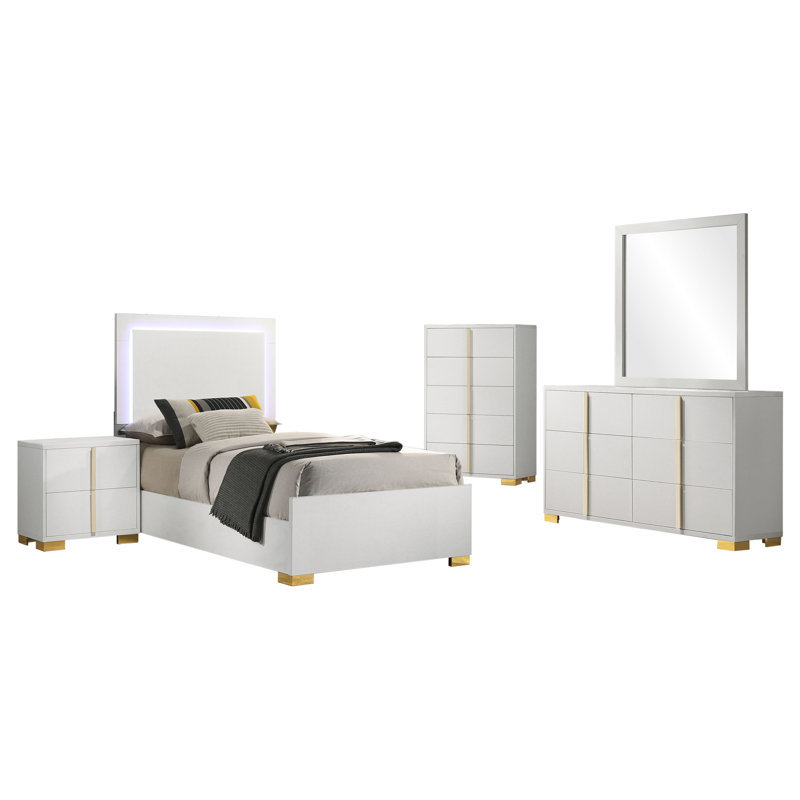 Ensemble de chambre à coucher 5 pièces Sabrielle, Blanc, Simple, 5 Pcs: Bed, Nightstand, 2 Dressers, Mirror