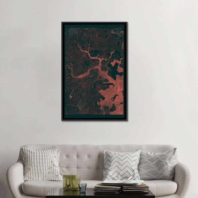 « boston infrared urban blueprint map », reproduction d’impression sur toile, H 26 po x l 18 po x P 1,5 po, Pas de tapis