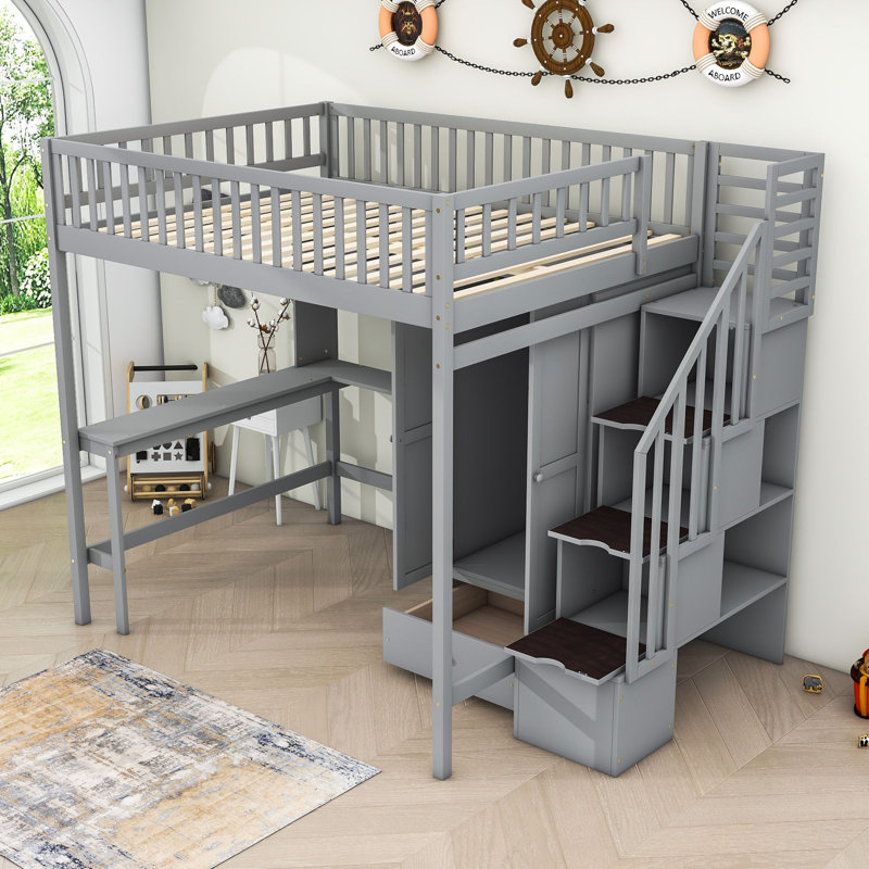 Idalina 1 Drawer Wood Loft Bed with Built-in-Desk, Shelves and Wardrobe, Gray, Full