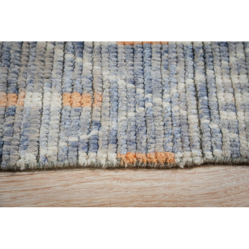 8x11 Blue Hand-Knotted Wool Diamond Lattice Stripes Tribal Modern Contemporary Carpet Rug