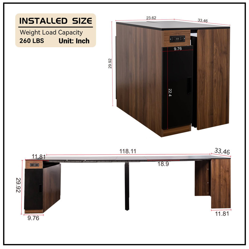 Keefe 5-Panel Modern Rustic Extendable Dining Table With Built-In Outlet, Black/Walnut
