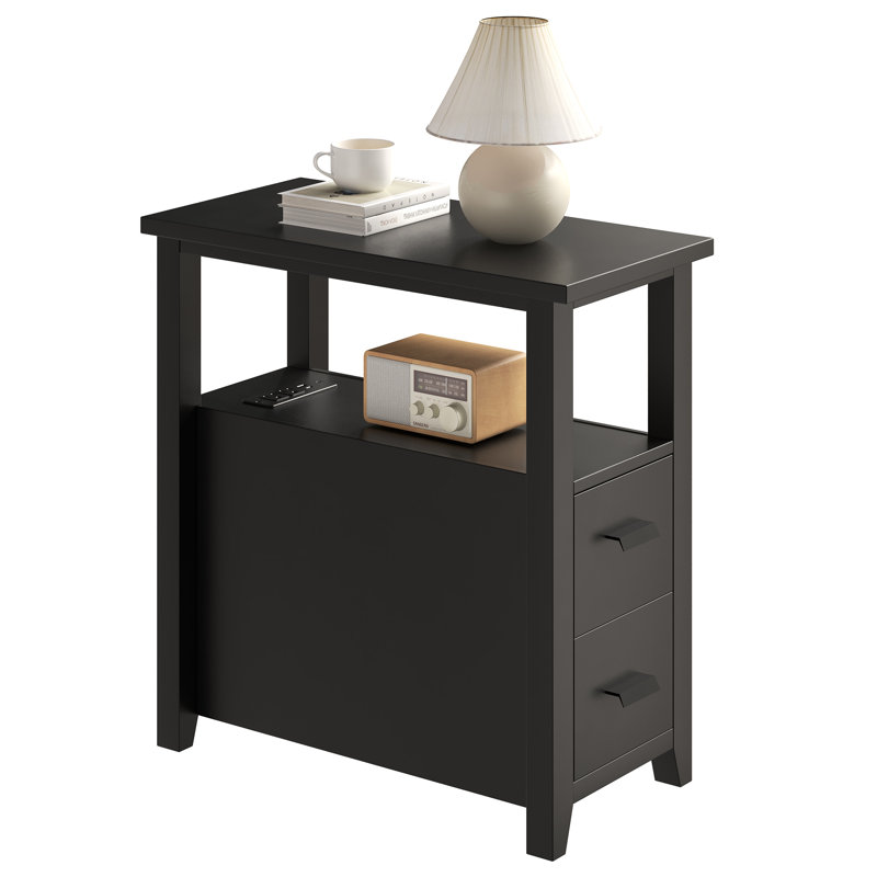Table de bout avec station de charge, table de chevet et 2 tiroirs pour le salon, la chambre à coucher, noir, Noir