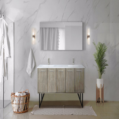 Ensemble de meuble-lavabo double l 60 po x P 20 po avec plateau en quartz blanc et robinet en nickel brossé
