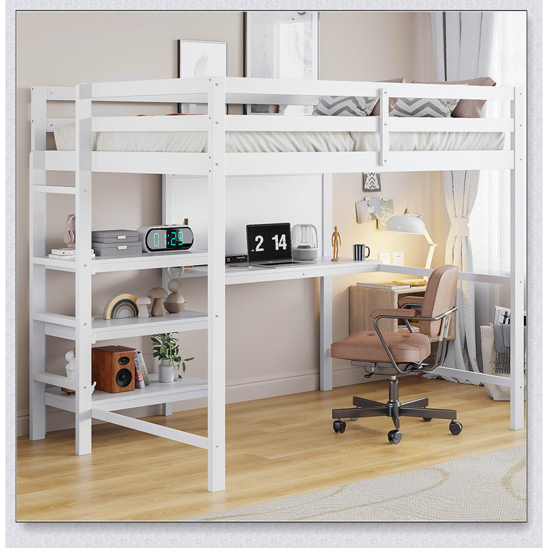 Wooden Loft Bed With Shelves, Desk And Writing Board