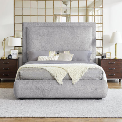 Structure de grand lit avec rangement caché et tête de lit tapissier - tissu chenille doux, design moderne, finition étain