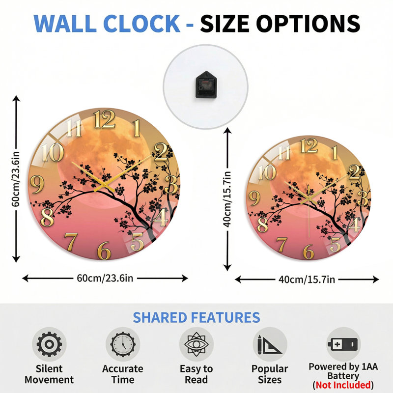 Horloge murale Cherry Moon, 40 x 40 cm (15,7 x 15,7 pouces)