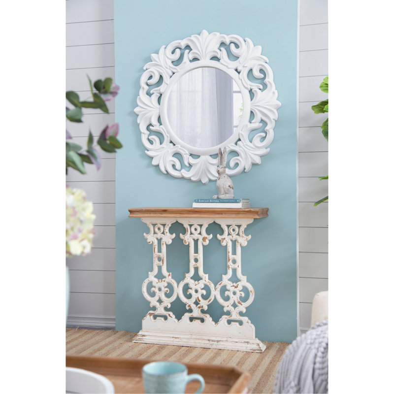 Classic Vintage White Wash Console Table With Brown Wood Top