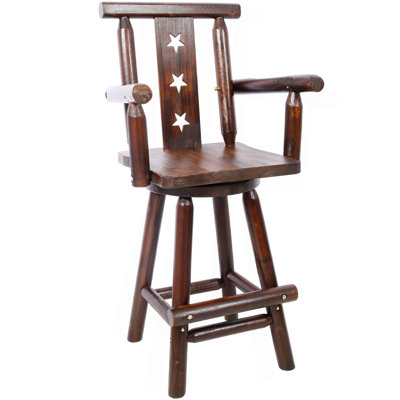 Tabouret de bar rustique - Fabrication en bois de sapin, chaise avec dossier étoile décorative, repose-pieds, accoudoirs larges, tabouret de cuisine rustique, chaise de bistro haute pour salle à manger, restaurant, pub, 4 pieds, couleur brune
