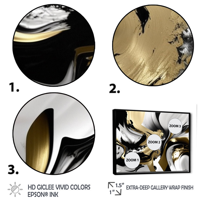 Golden Wave Reflections II - Art mural encadré abstrait, H 12 po x l 20 po x P 1 po, Cadre flottant noir