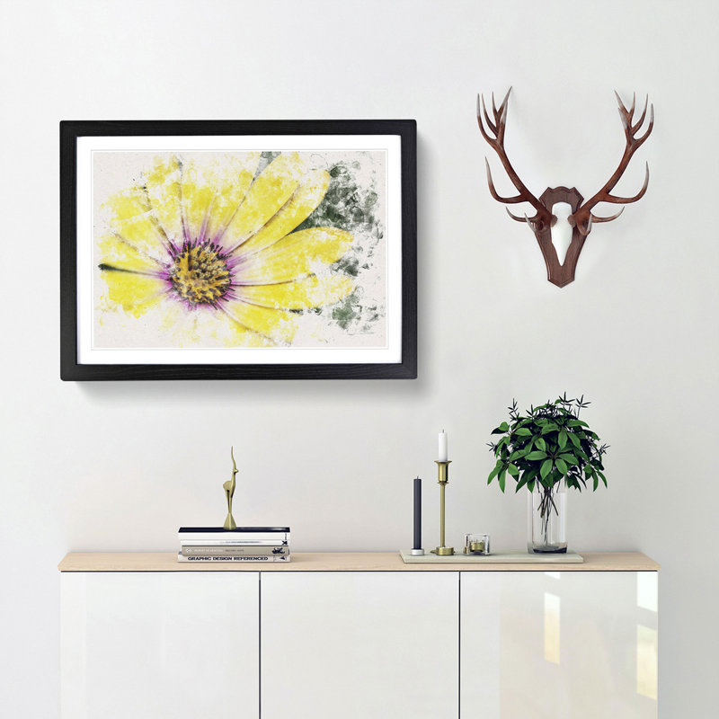 Yellow Gerbera Flower Watercolour - Framed Print, 62cm H x 87cm W x 2cm D, Black