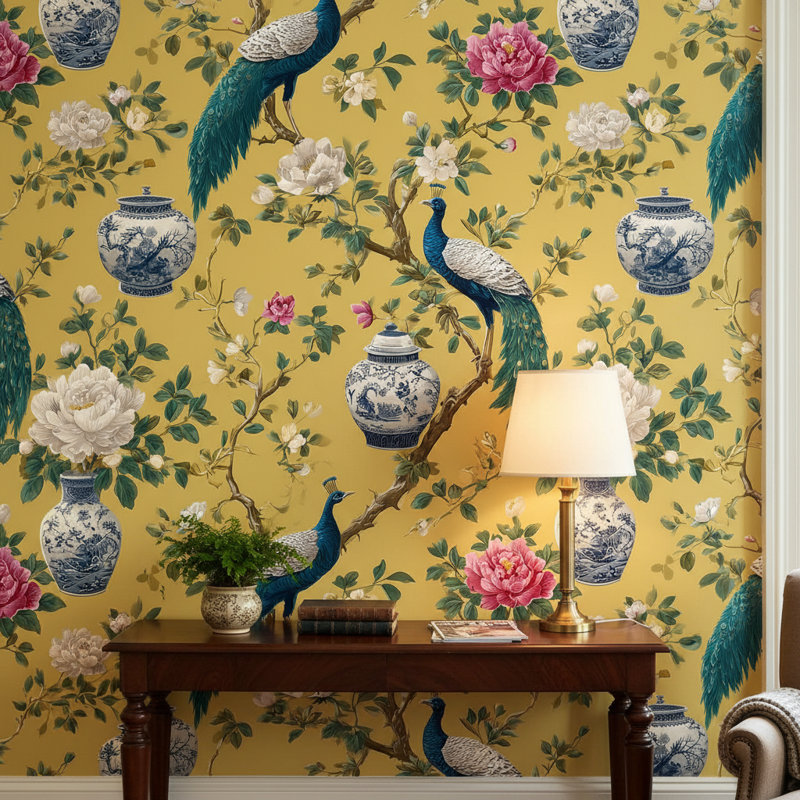 Murale en porcelaine à motif floral Peacock