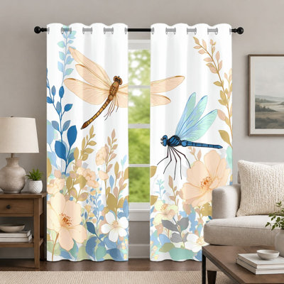 2Pcs Dragonfly and Floral Print Curtains, Botanical Style Curtain, Elegant Garden Theme Illustration Grommet Drapes, Window Treatment for Bedroom Living Room Decor