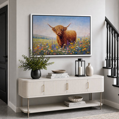 Highland Cow In Colorful Meadow Artwork, Farmhouse Pictures, Framed Canvas Giclee Print Wall Art